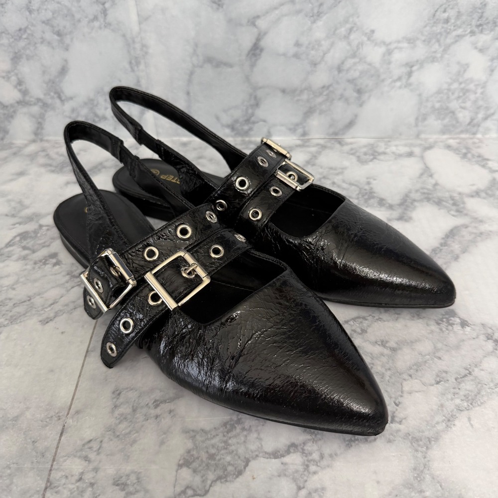 Lucky Step Slingback Flats 8.5 Black Grommet Buckle Pointed Toe Patent Edgy Punk